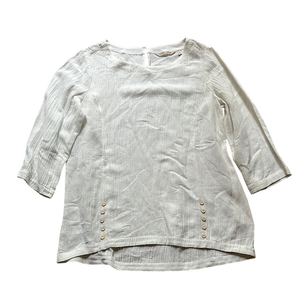 Soft Surroundings Tunic M White 3/4 Sleeve Textured Gauze Button Detail Top